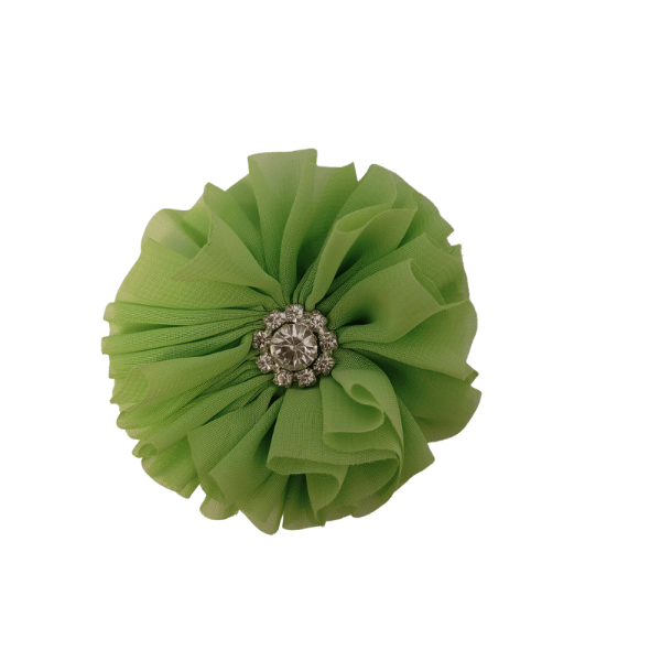 Rhinestone Chiffon Ruffled Flower 1.5" - Lime - TLC