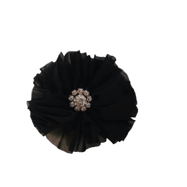 Rhinestone Chiffon Ruffled Flower 1.5" - Black - TLC