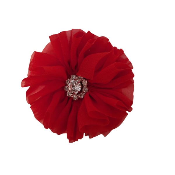 Rhinestone Chiffon Ruffled Flower 1.5" - Red- TLC