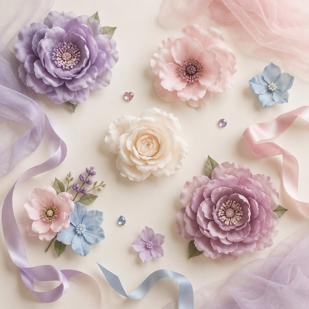 Airy pastel fabric flowers and craft supplies
