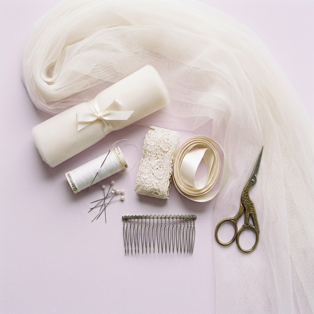DIY veil kit flat lay on pale lilac background