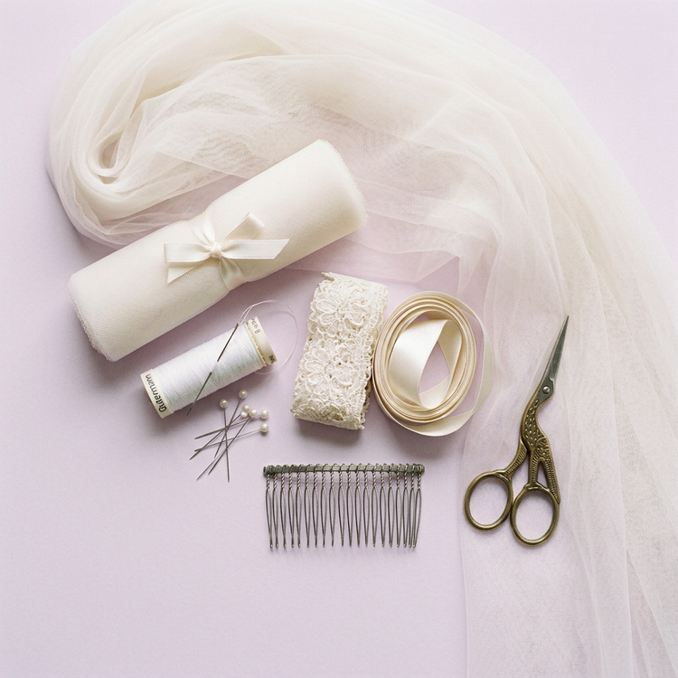 DIY veil kit flat lay on pale lilac background