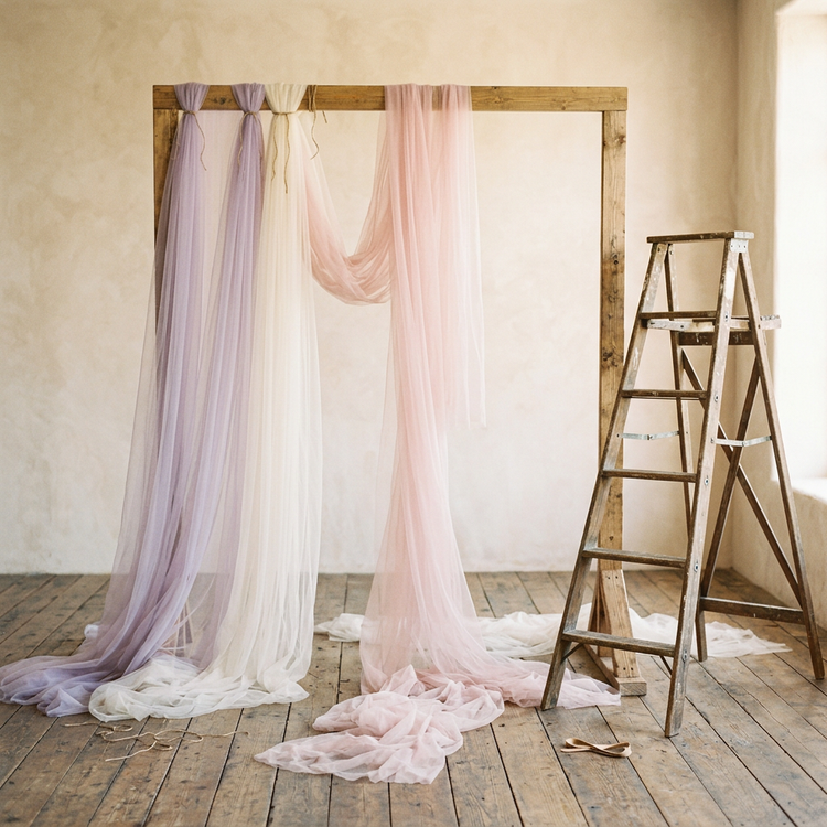Half-draped backdrop frame with ladder, no people