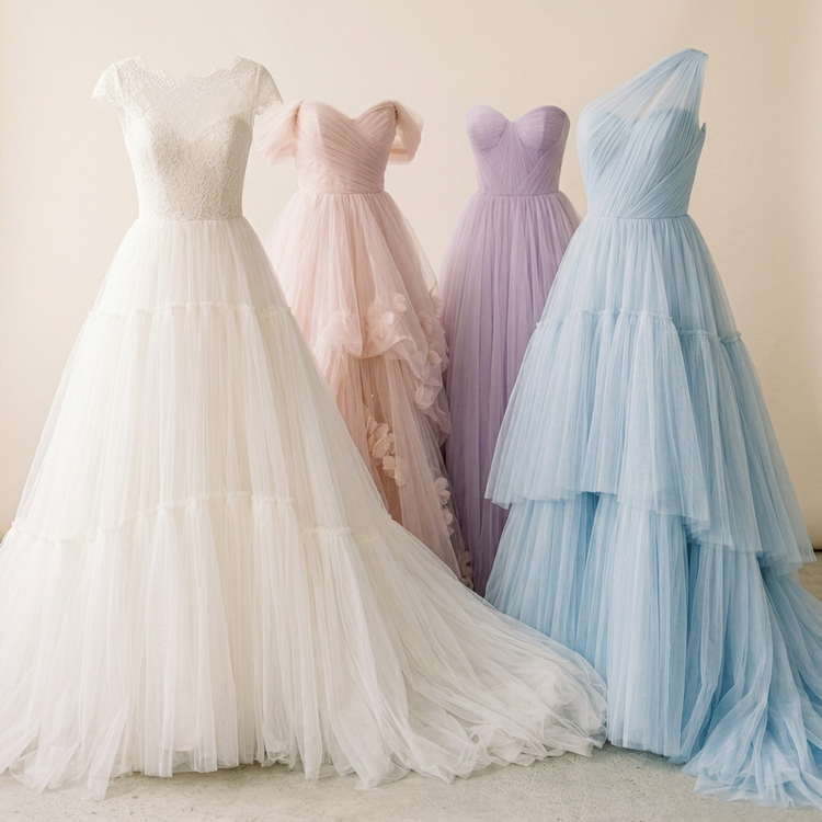 Gown cluster with ivory and blue in front