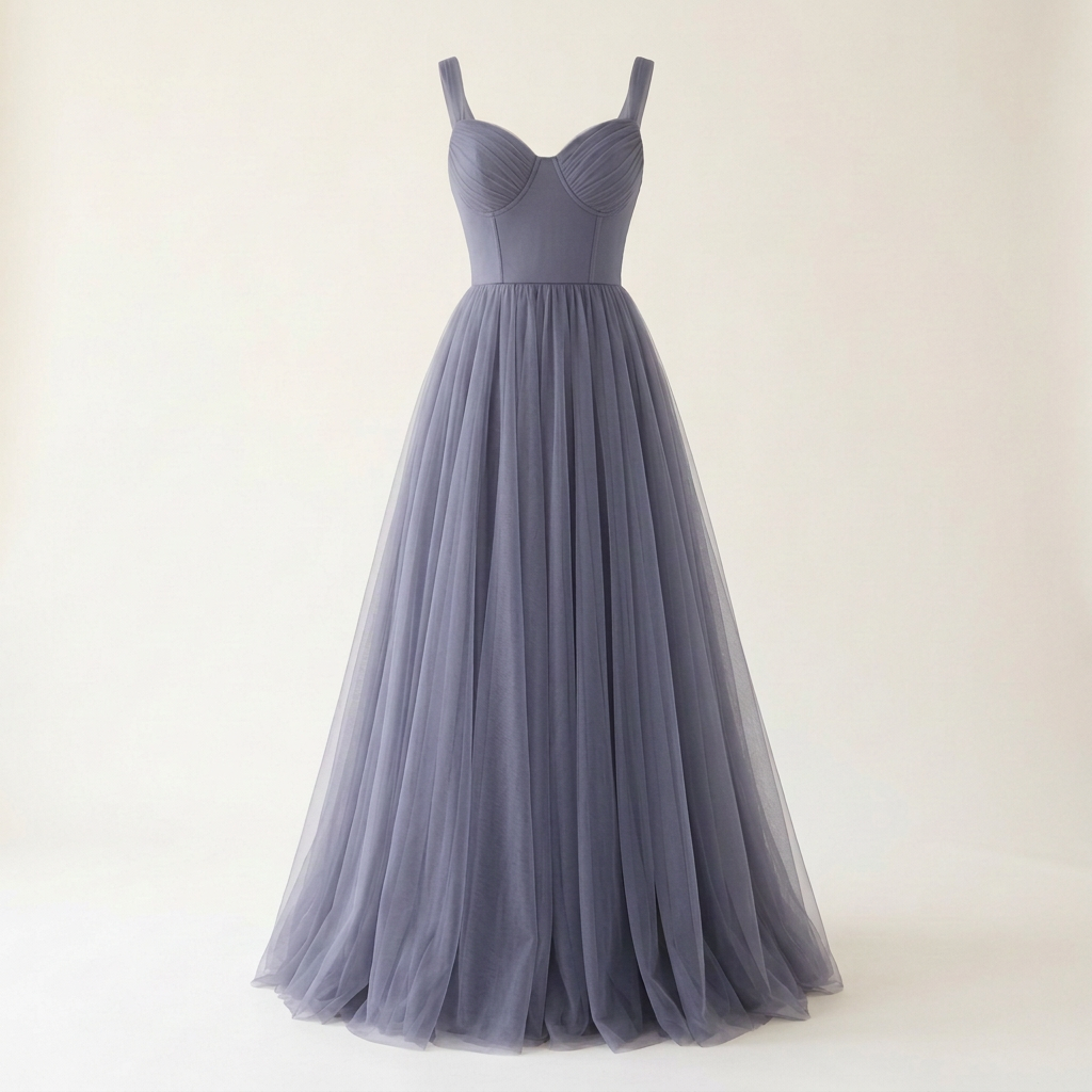 Amethyst tulle dress with a slight bluish-purple hue, square front view