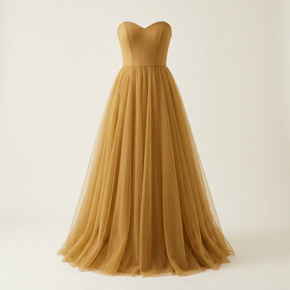 Antique Gold formal tulle dress, square front view