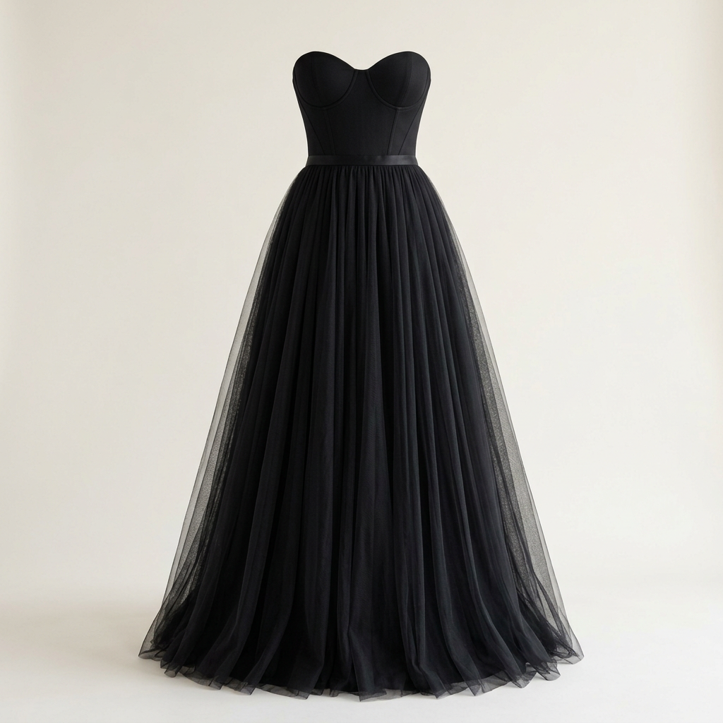 Black formal tulle dress, square front view