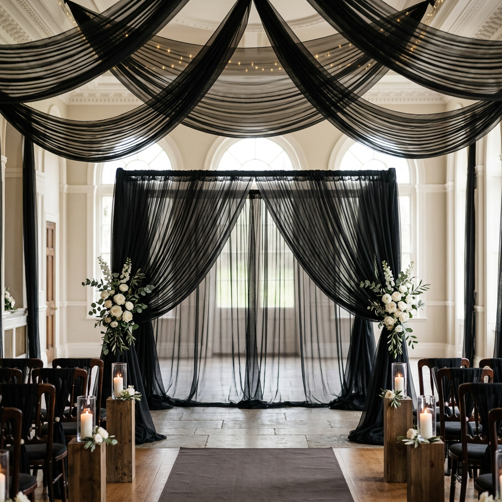 Black tulle event décor draping