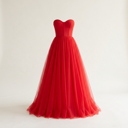 Bright Red formal tulle dress, square front view