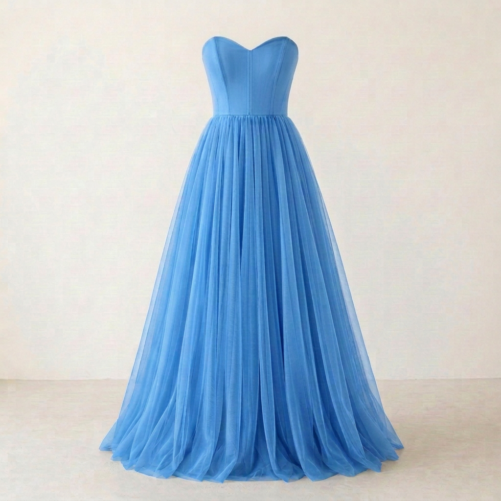 Brighter lighter blue tulle dress, square front view