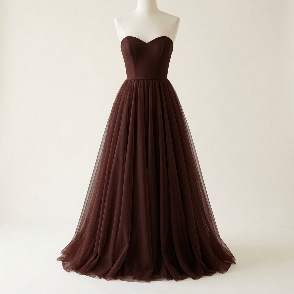Brown formal tulle dress, square front view