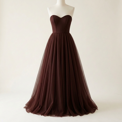 Brown formal tulle dress, square front view