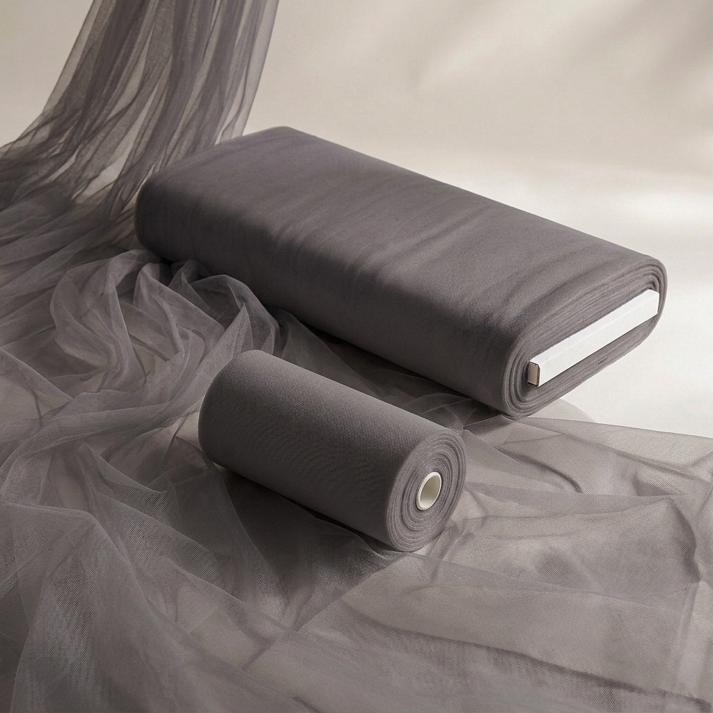Charcoal tulle bolt, roll and draped fabric