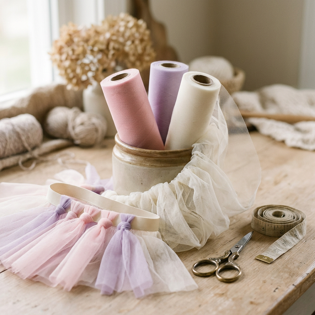 Cluster of 6-inch tulle rolls with tutu in progress