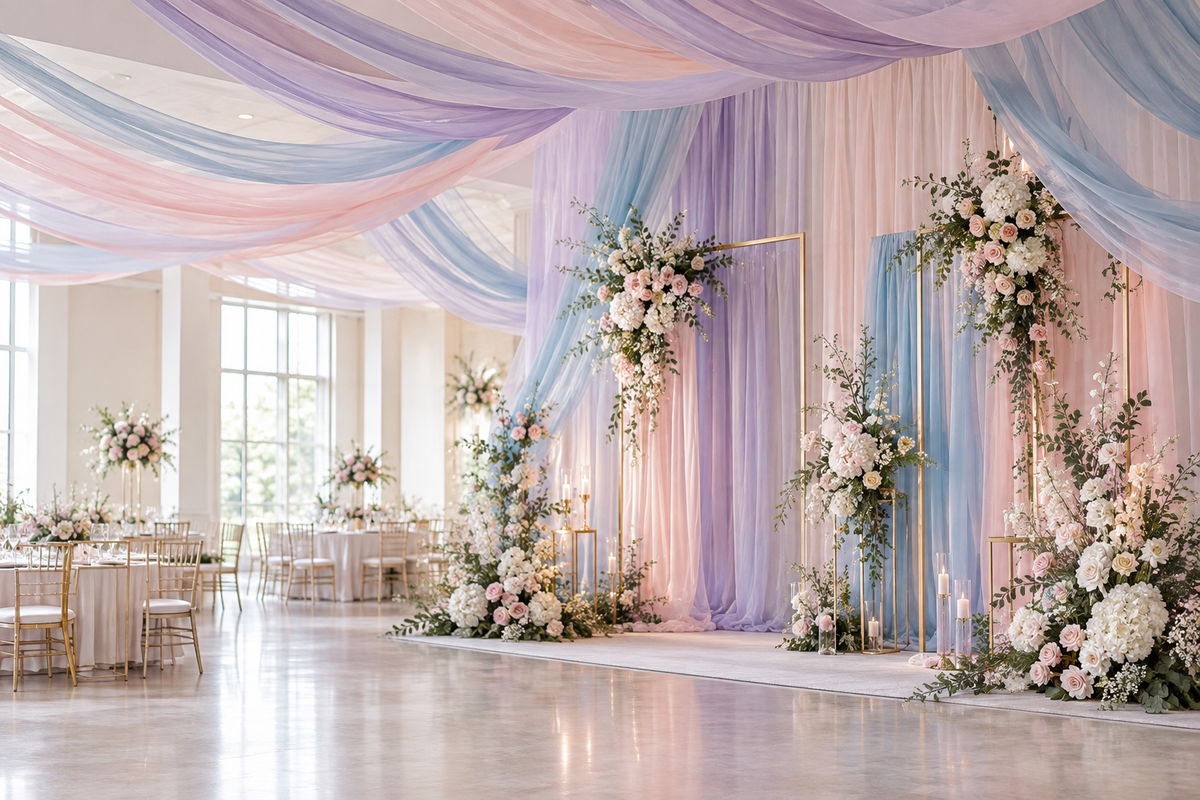 Colourful event décor with lavender, blush, and blue tulle draping