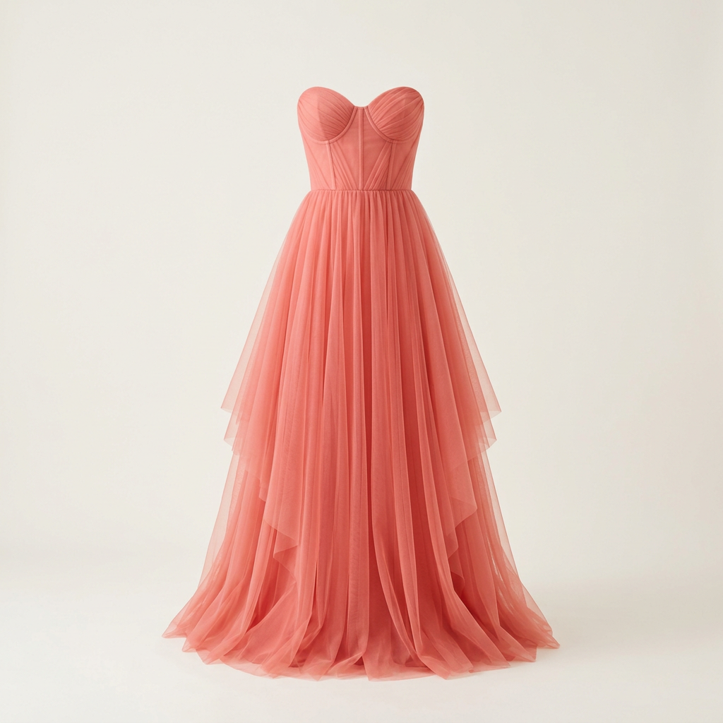 Coral formal tulle dress, square front view