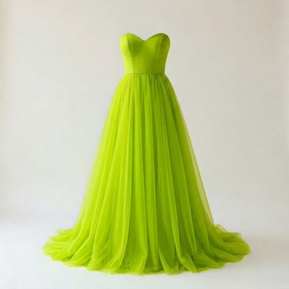 Darker neon green tulle dress, square front view