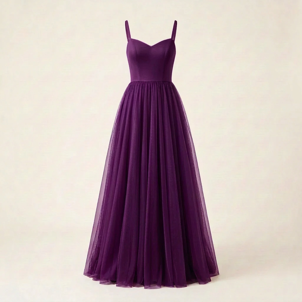 Deeper brighter Purple tulle dress, square front view