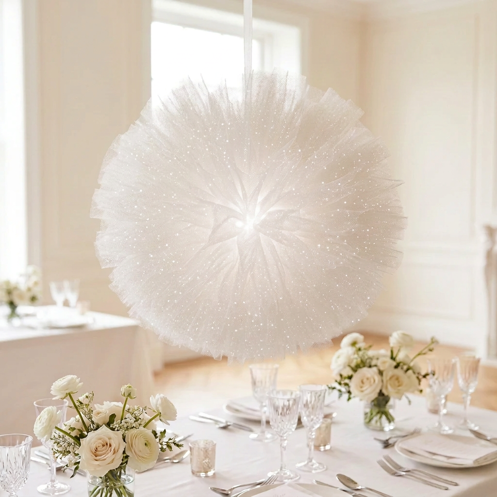 Diamond White glimmer tulle pouf with matching table flowers