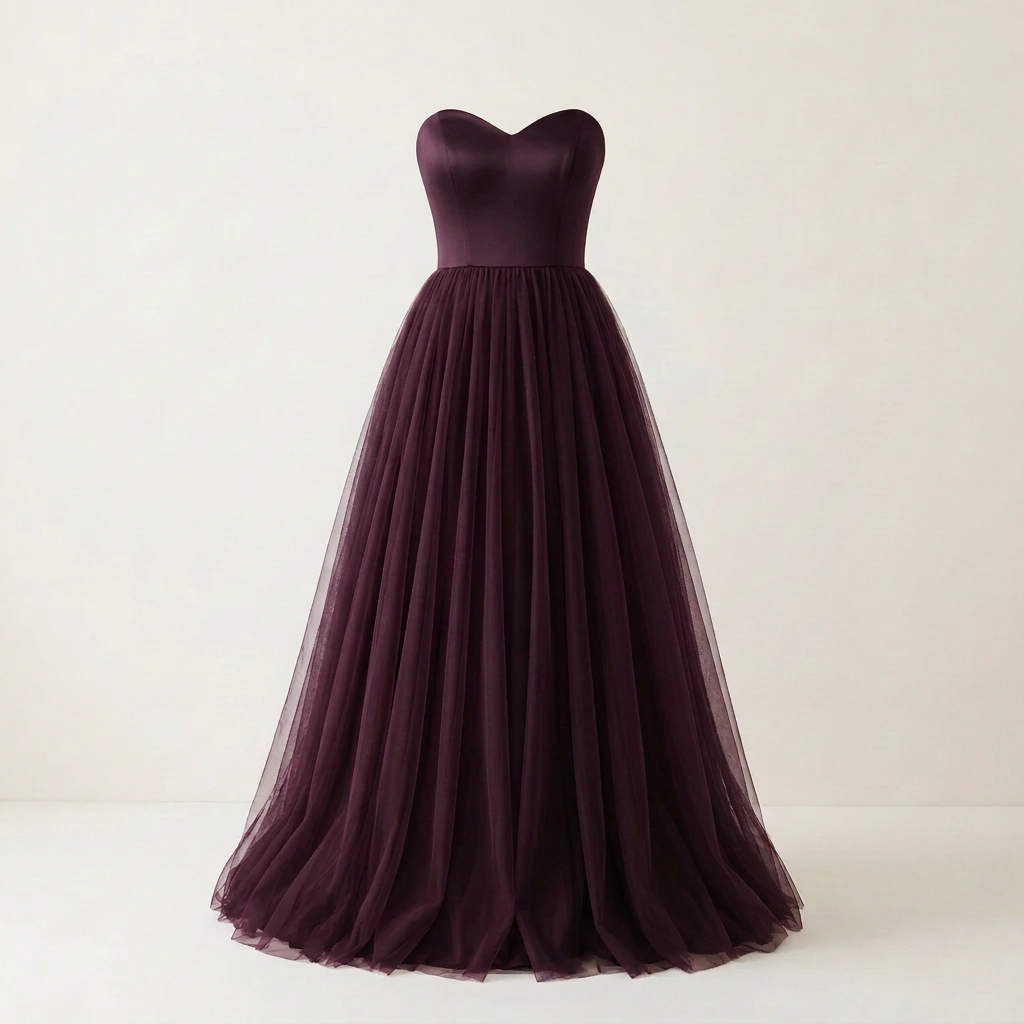 Eggplant formal tulle dress, square front view