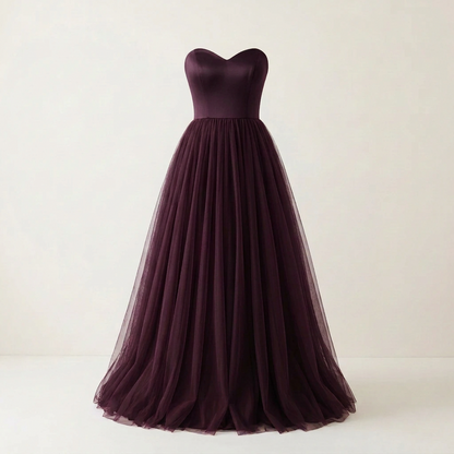 Eggplant formal tulle dress, square front view