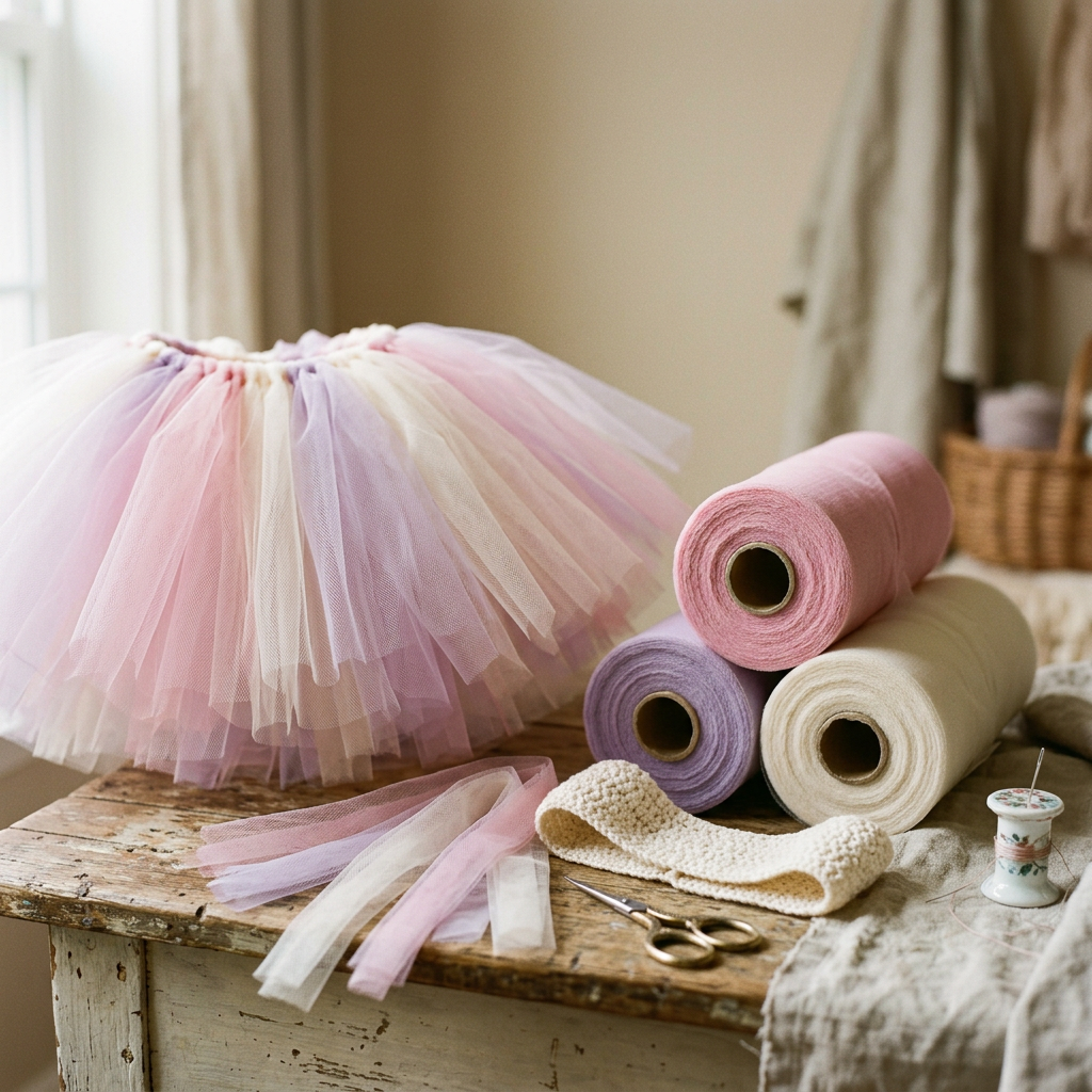 Finished tutu with its tulle rolls and supplies