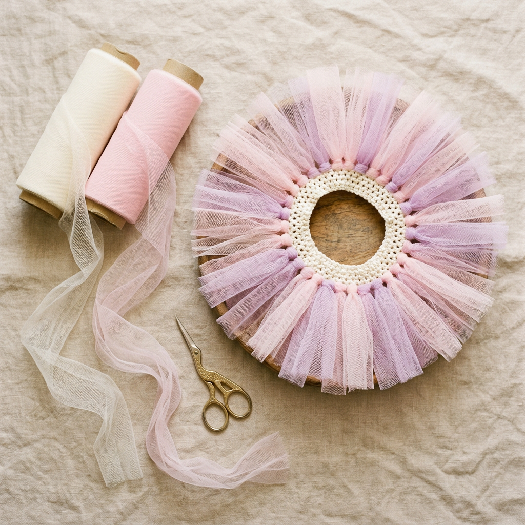 Flat lay of half-made tutu with tulle rolls