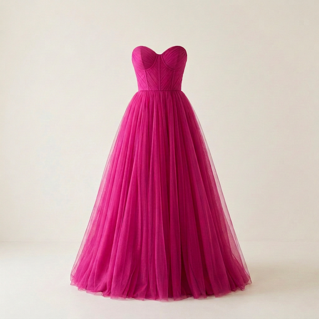Fuchsia tulle dress with a slightly stronger purple undertone, square front view