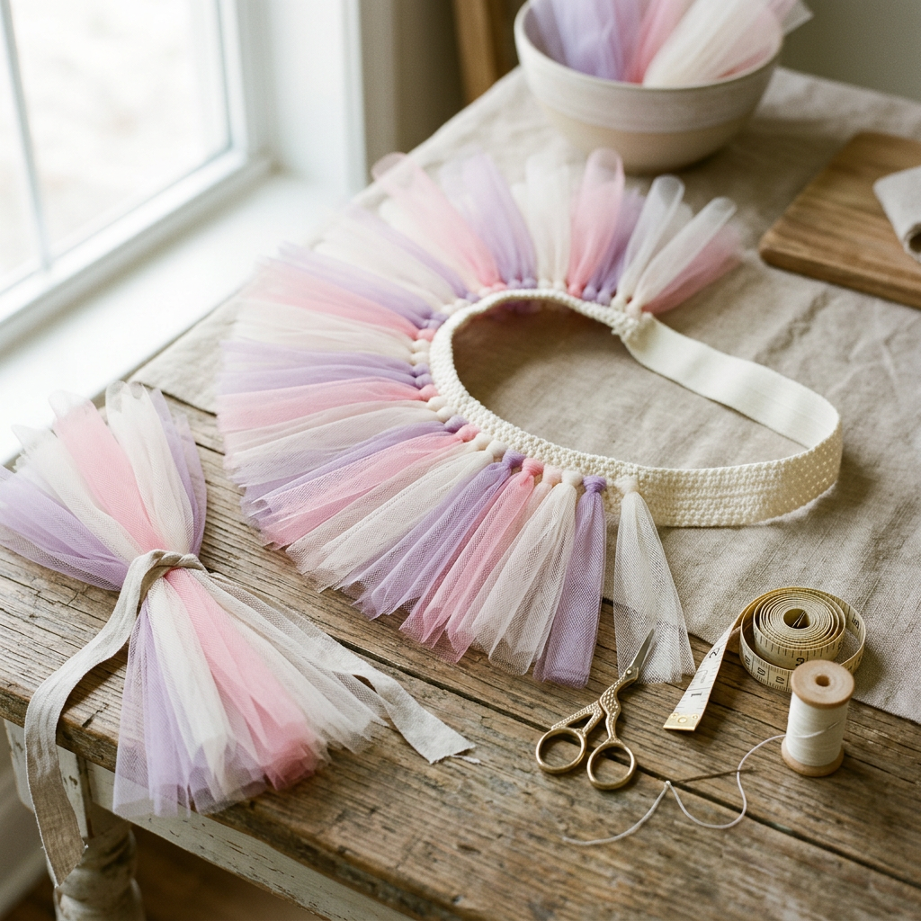 Half-finished tutu with tulle strips and supplies