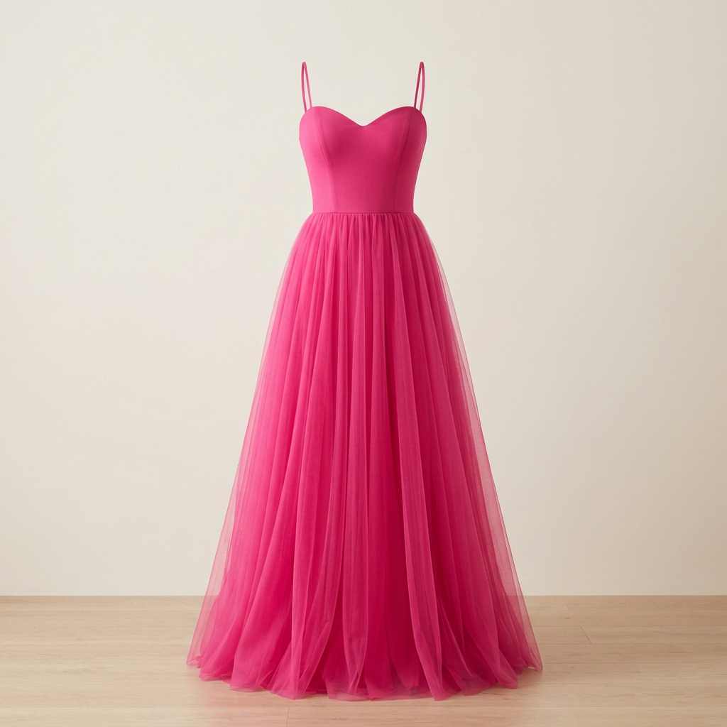 Hot Pink formal tulle dress, square front view