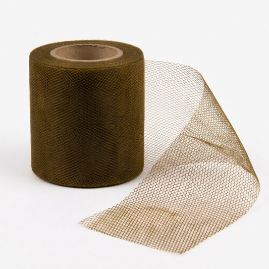Antique Gold 3-inch-wide tulle net mesh roll with loose mesh on a white background