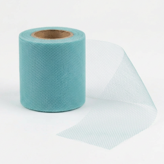 Aqua 3-inch-wide tulle net mesh roll with loose mesh on a white background