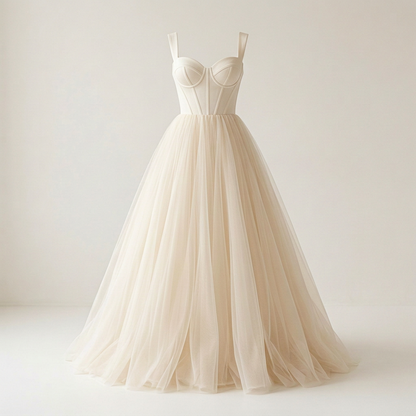 Light Ivory formal tulle dress, square front view