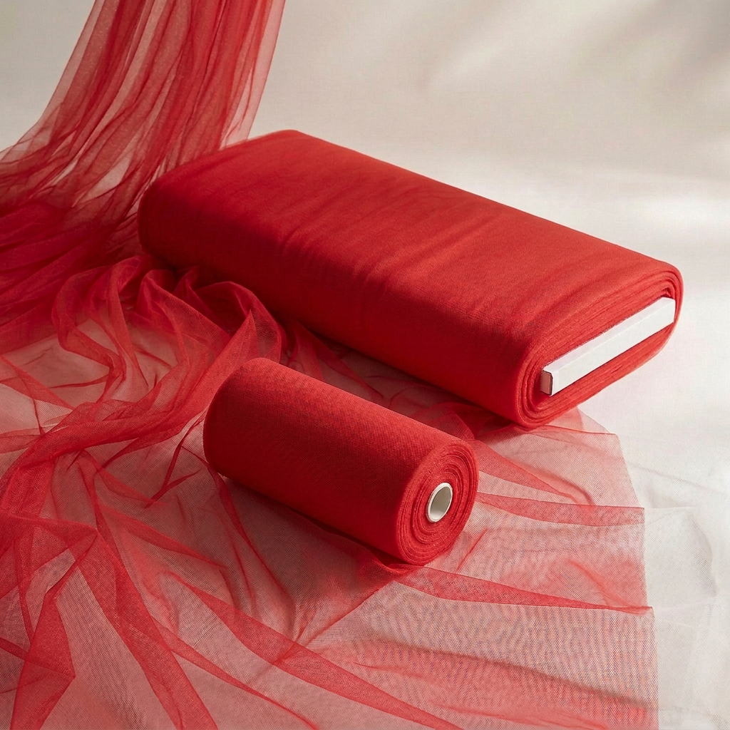 Lipstick red tulle bolt, roll and draped fabric