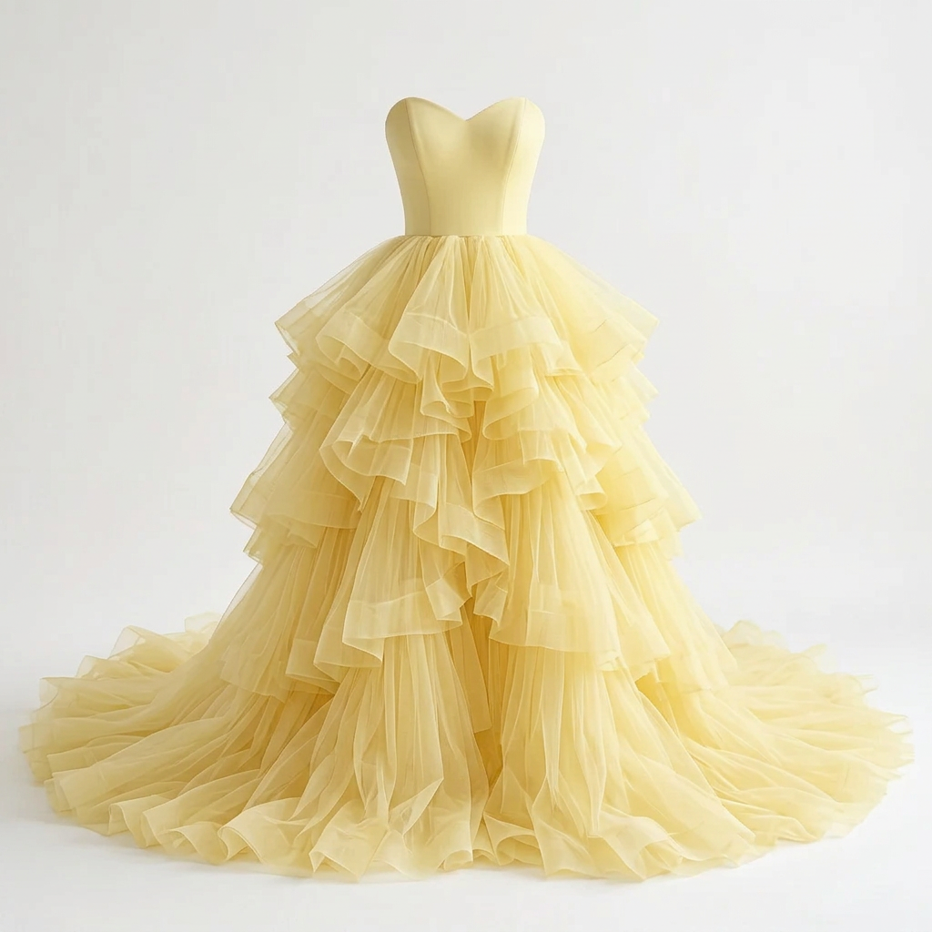 Maize formal tulle dress, square front view