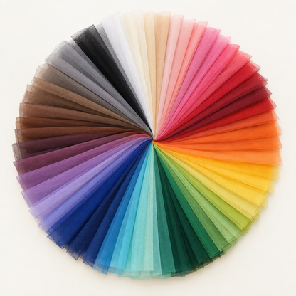 Matte tulle in approximately 60 colours arranged in a circular colour wheel
