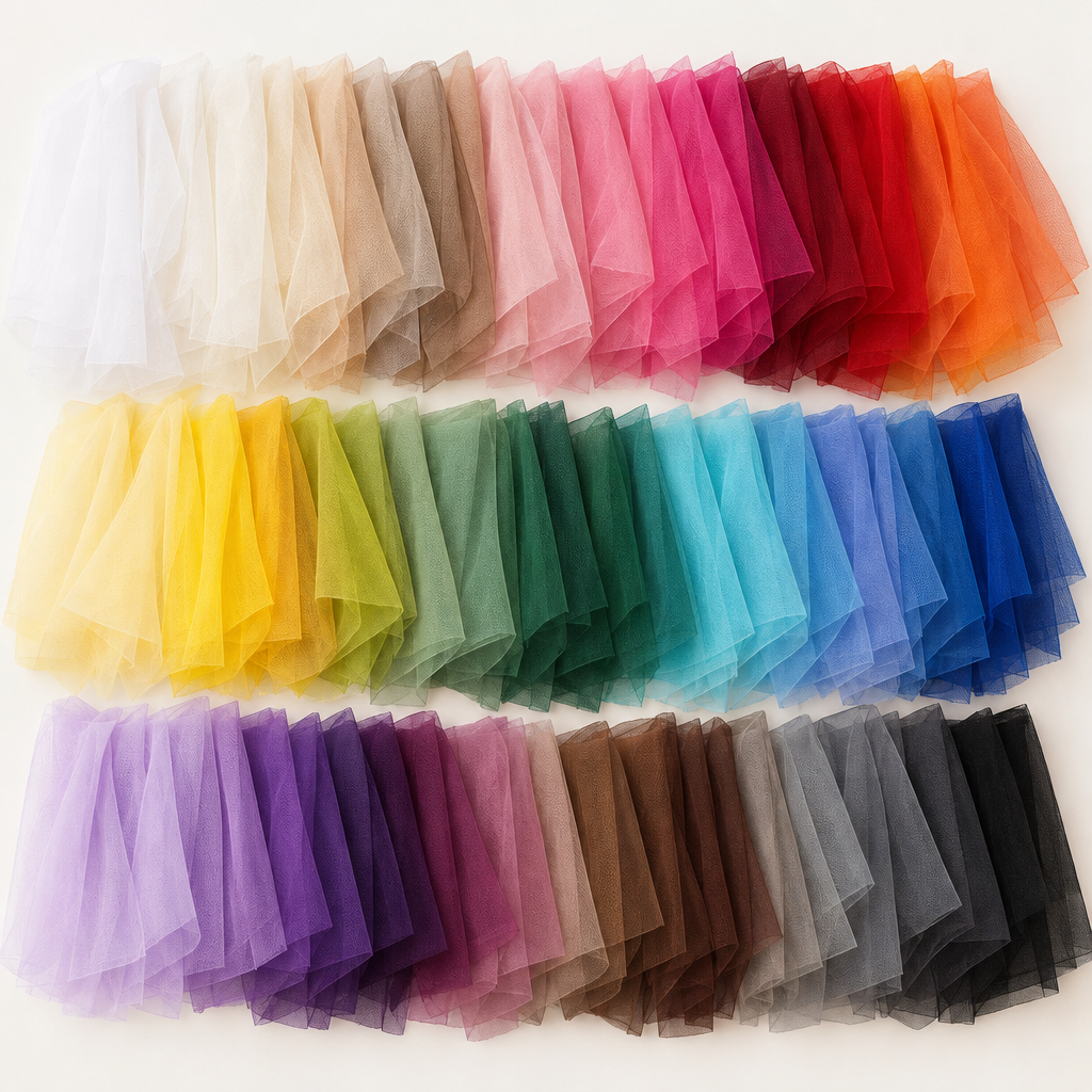 Matte tulle in approximately 60 colours arranged in cascading rows