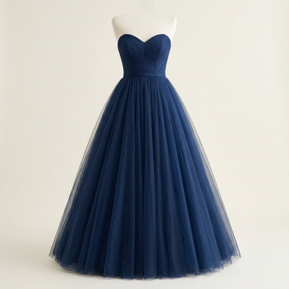 Navy Blue formal tulle dress, square front view