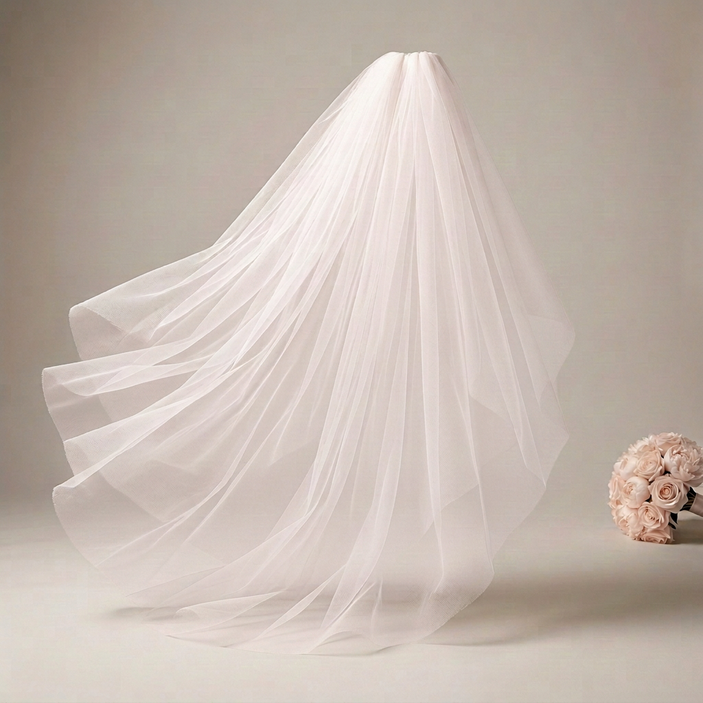 Near-white veil and matching bouquet with just a hint of blush pink