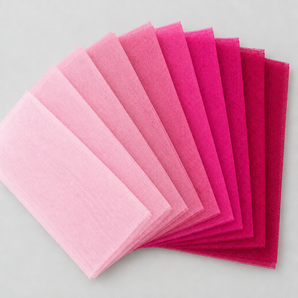 Nine pink tulle swatches in the same square fan layout, with a light background and no words