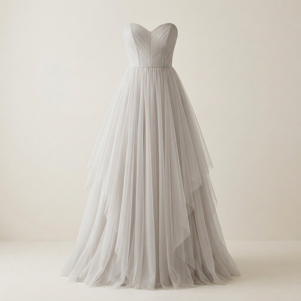 Oyster tulle dress with a slight grey tinge, square front view