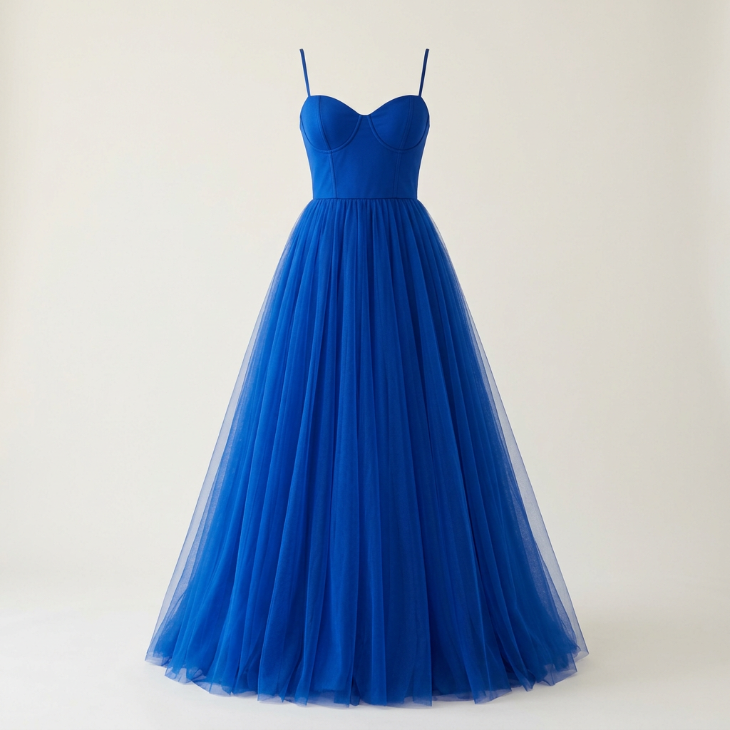 Royal Blue formal tulle dress, square front view