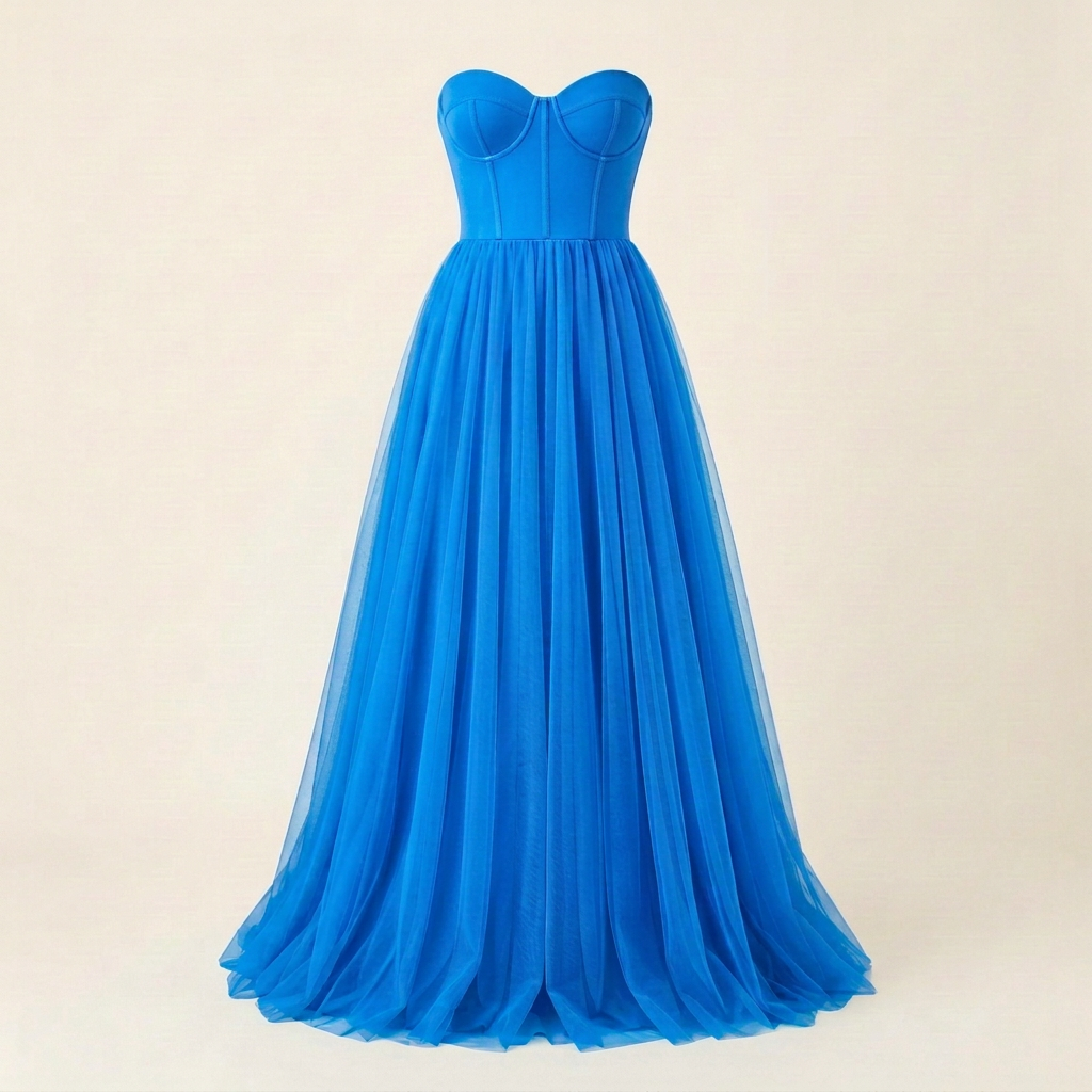 Slightly bluer Turquoise tulle dress, square front view