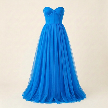 Slightly bluer Turquoise tulle dress, square front view