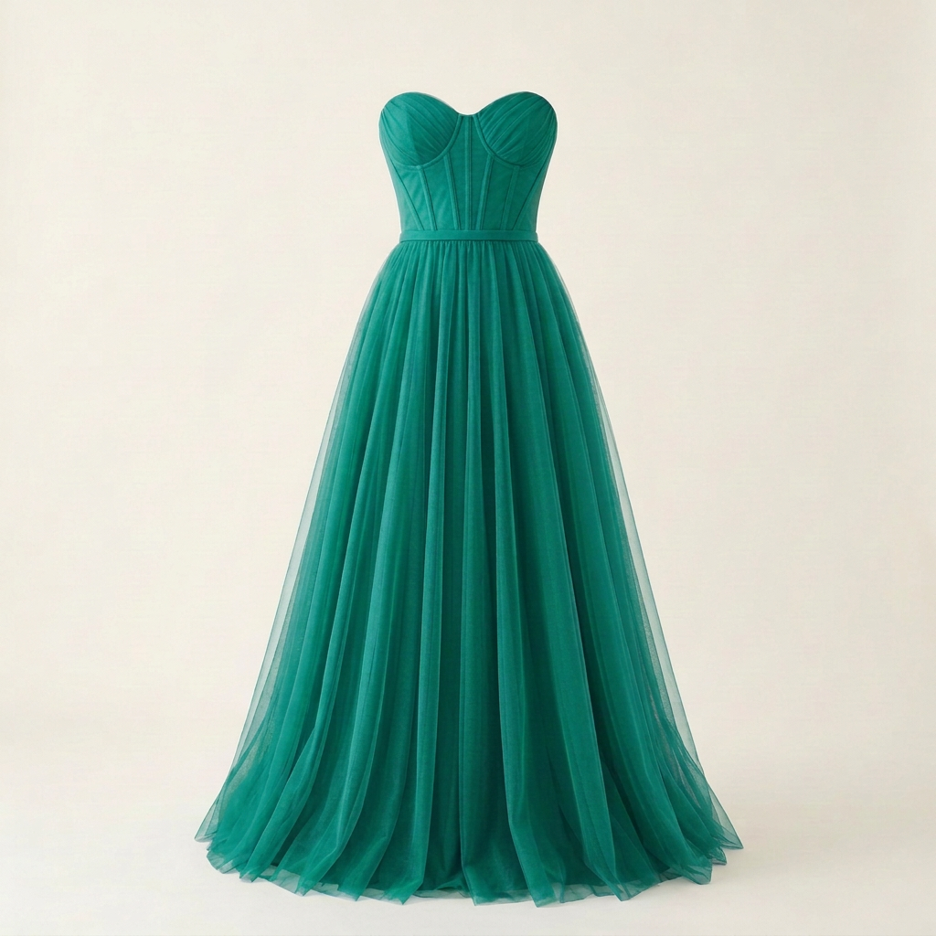 Slightly brighter Teal tulle dress, square front view