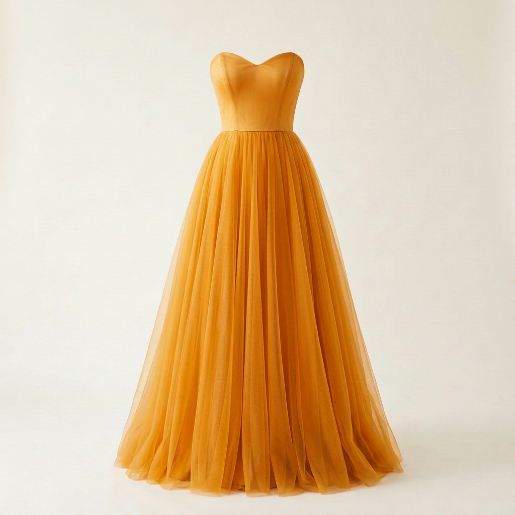 Slightly brighter Velvet Gold tulle dress, square front view