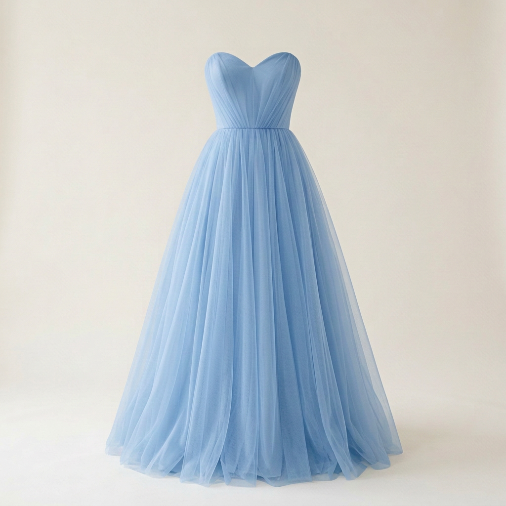 Slightly darker Cotillion Blue tulle dress, square front view