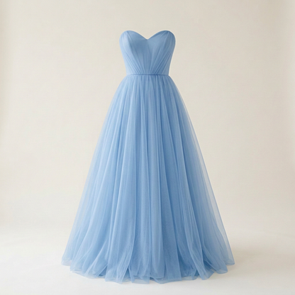 Slightly darker Cotillion Blue tulle dress, square front view