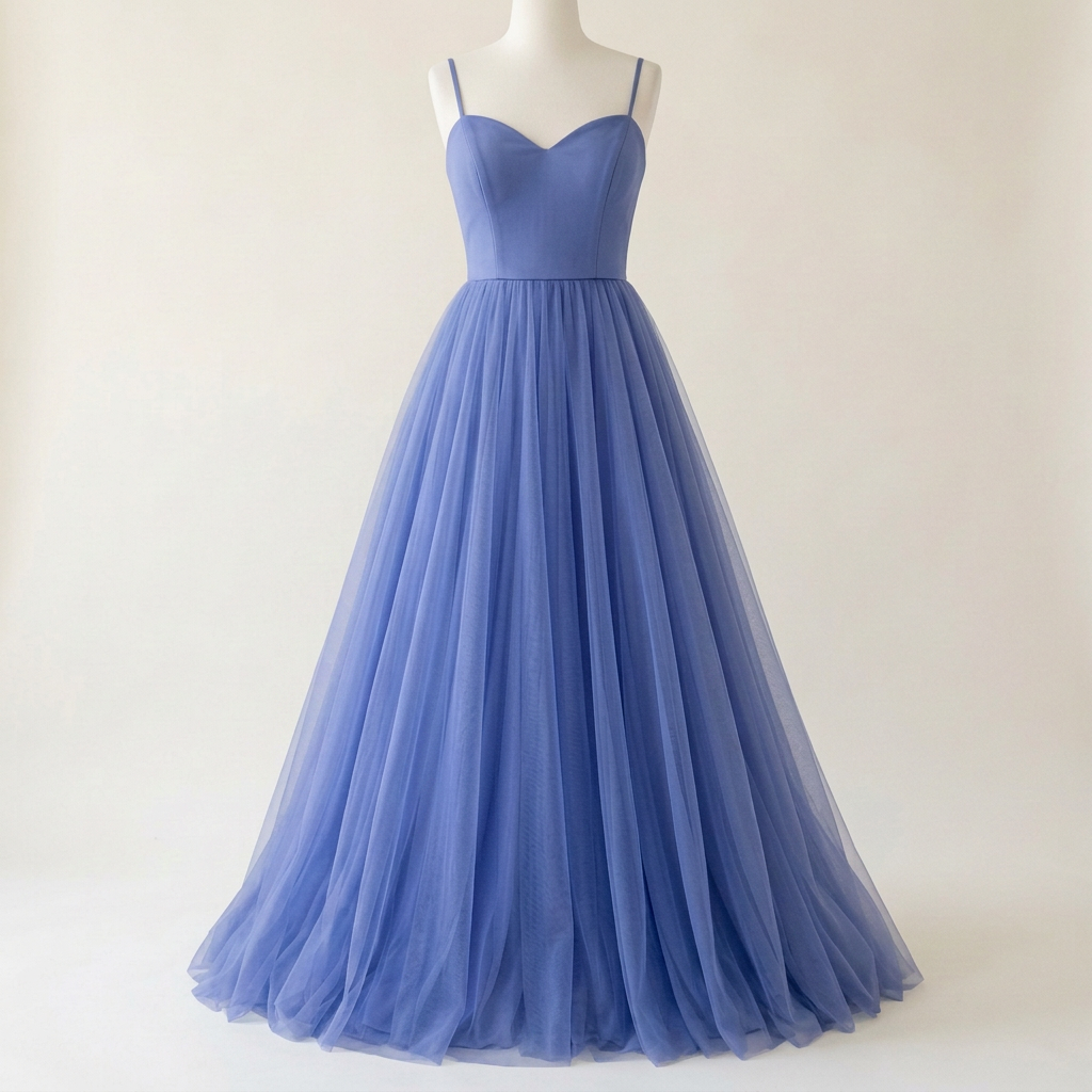 Slightly darker Periwinkle Blue tulle dress, square front view