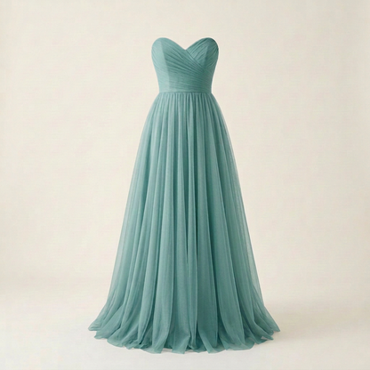 Slightly darker seafoam green-blue tulle dress, square front view